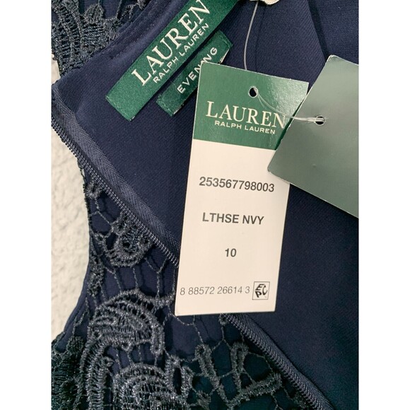 Lauren Ralph Lauren Lighthouse Navy Floral Lace Back Zip Lined Evening Gown 10 - Picture 7 of 13